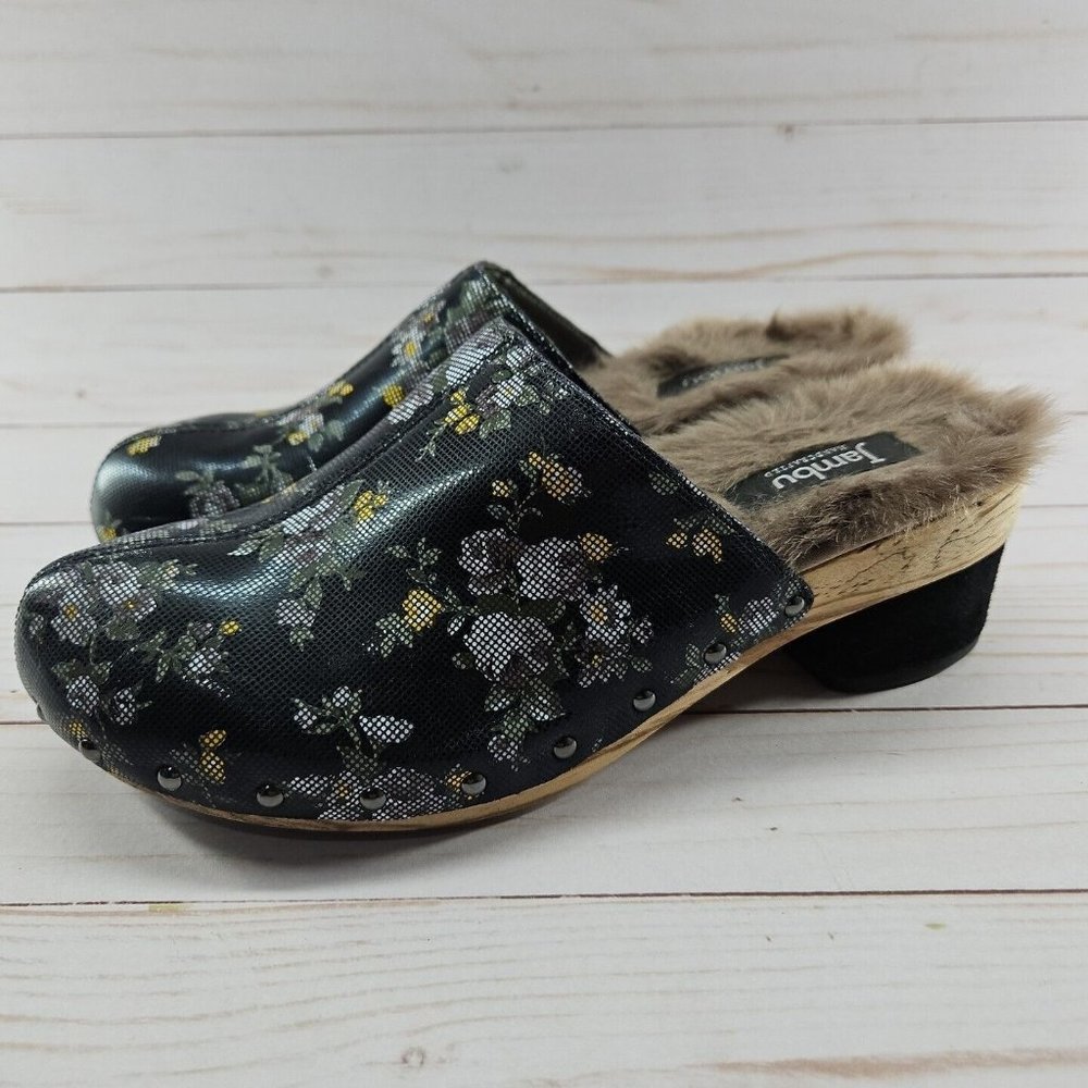 Jambu Monaco Womens Size 8.5 Dark Navy Blue Floral Leather Mule Clogs
